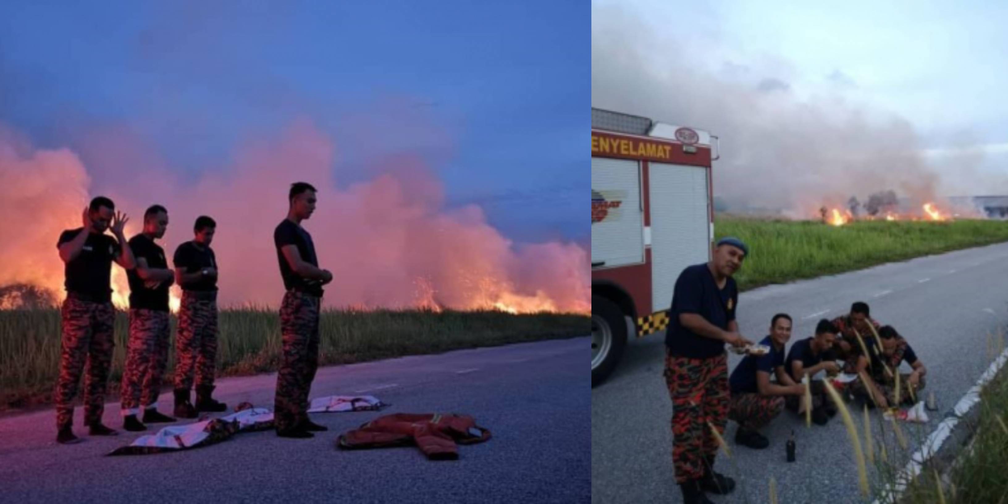 Anggota Bomba Solat Beralas Baju Kalis Api. 100PLUS Ajak 