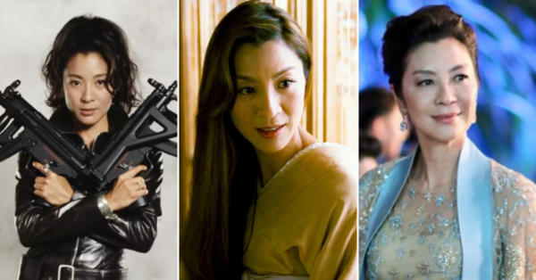 Yeoh in Tomorrow Never Dies (1997), Memoirs of a Geisha (2005), and Crazy Rich Asians (2018).