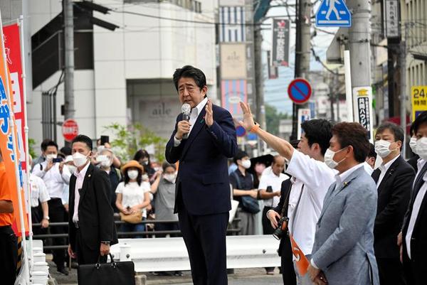 Former Prime Minister of Japan, Shinzo Abe, giving a speech moments before he was shot and killed.