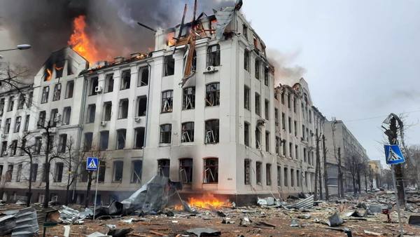 The Kharkiv city centre with its buildings destroyed due to Russian shelling.