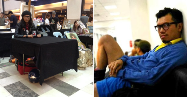 (Left): Fahmi Reza the day after his arrest and confiscation of artwork. He arrived at his booth and set it up empty nonetheless. (Right): Pang at the Sentul Police Station.