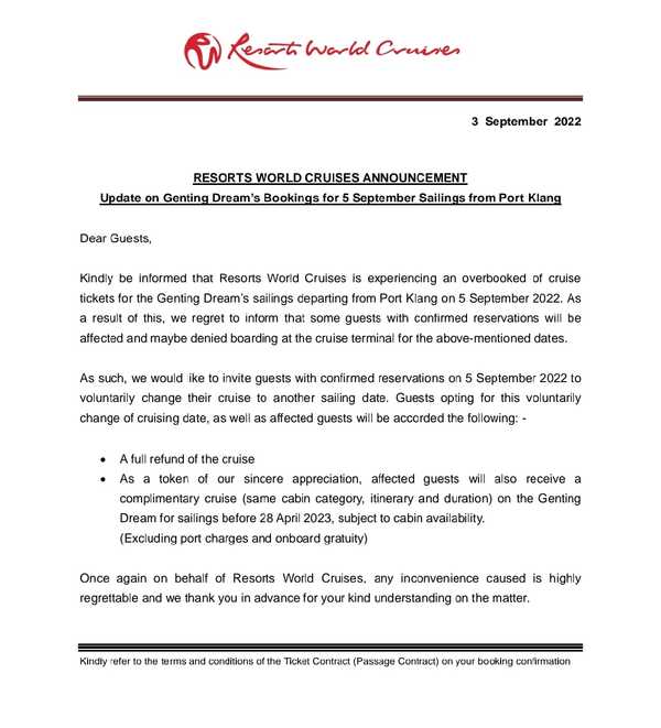 Letter by Resorts World Cruises.