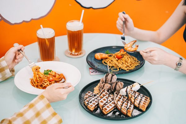 Their RM50 lunch promo with two pastas, two drinks, and one ice cream waffle.