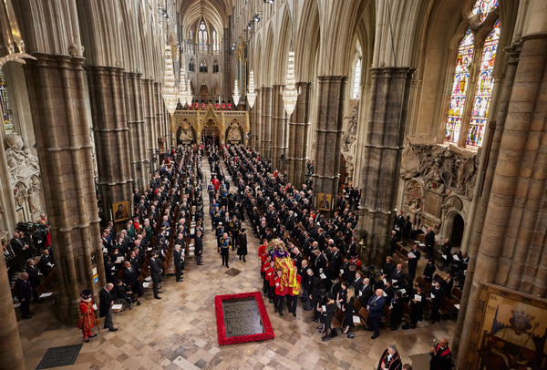 Queen Elizabeth II's coffin being carried out of Westminster Abbey.