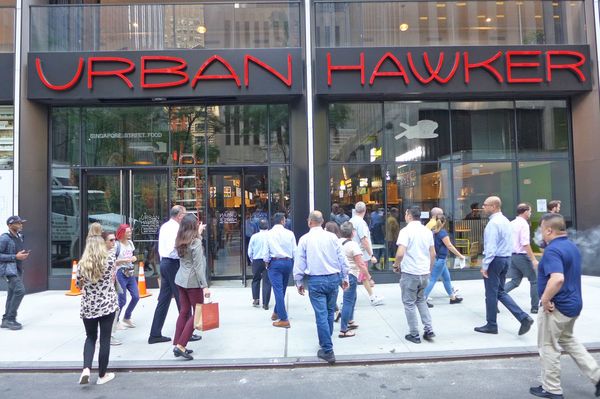 The exterior of Urban Hawker in Midtown Manhattan at 135 West 50th Street.