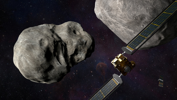 An illustration of NASA's DART spacecraft and the Italian Space Agency's (ASI) LICIACube prior to impact at the Didymos binary system.