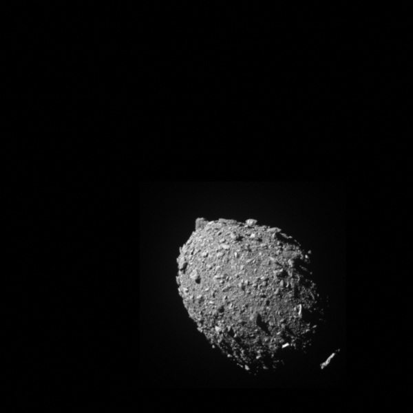 Asteroid moonlet Dimorphos as seen by the DART spacecraft 11 seconds before impact.