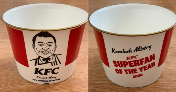 Mistry's custom ceramic bargain bucket after winning Superfan of the Year in 2020.