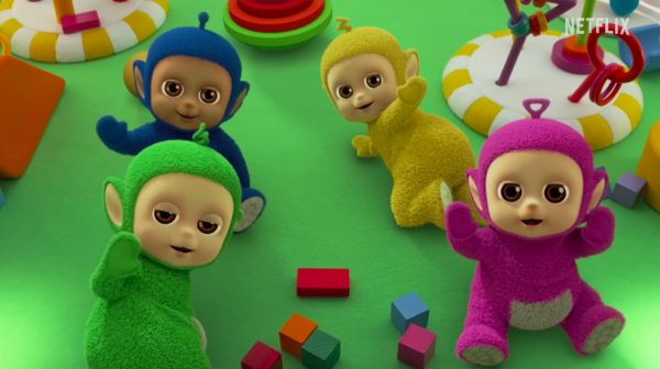 The Tiddlytubbies, Baa (blue), Umby Pumby (yellow), Daa-Daa (green), and Nin (purple).