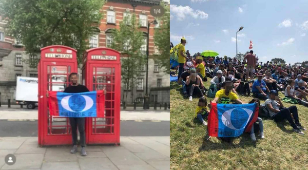 A collage of two photos showing the husband holding the PKR banner at two different locations.