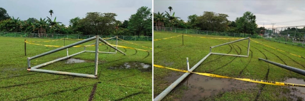 A photo collage showing the goalpost fallen on the field, with police yellow tape around it.