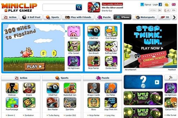 The classic Miniclip web browser homepage.