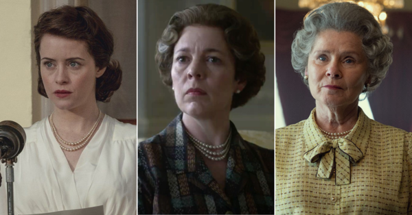 The actresses who have played Queen Elizabeth II (from left to right): Claire Foy (Season 1-2), Olivia Coleman (Season 3-4), and Imelda Staunton (Season 5-6).