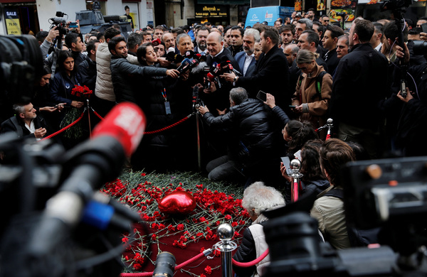 Interior Minister Suleyman Soylu talks to journalists as he visits a blast site in Istiklal Avenue in Istanbul, Turkey, on 14 November 2022.