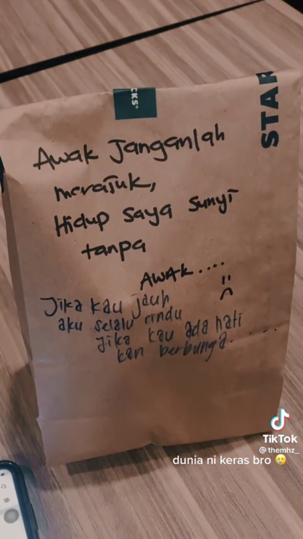 The complete message written on the takeaway bag.