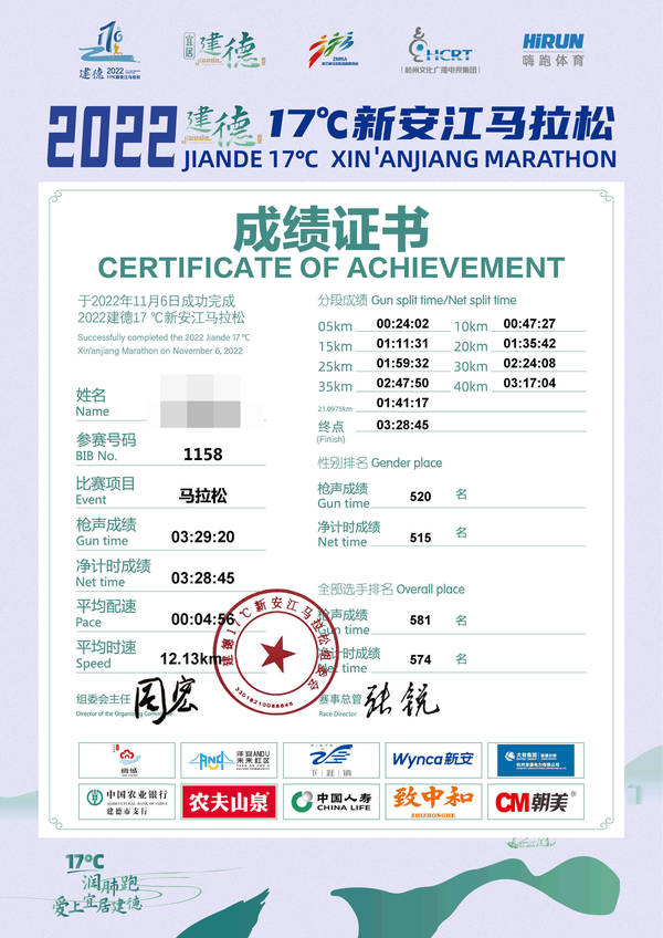 Uncle Chen's finishing certificate for the Xin An Jiang marathon, as provided by the organisers.