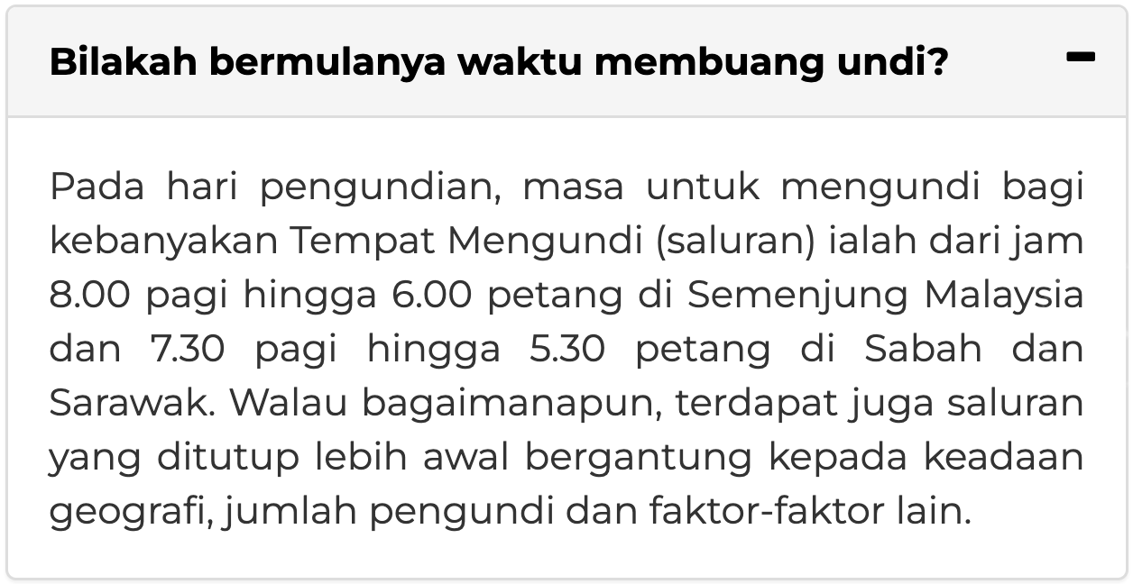 Tangkapan skrin dari laman web SPR menunjukkan waktu buka pusat mengundi.