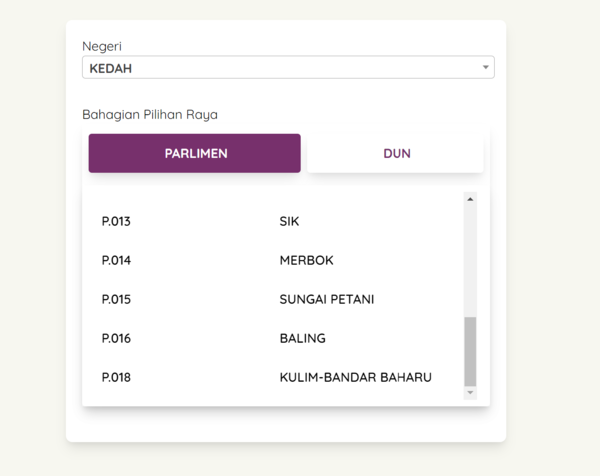 Screenshot of Kedah's updated parliament list on MySPR Semak website.