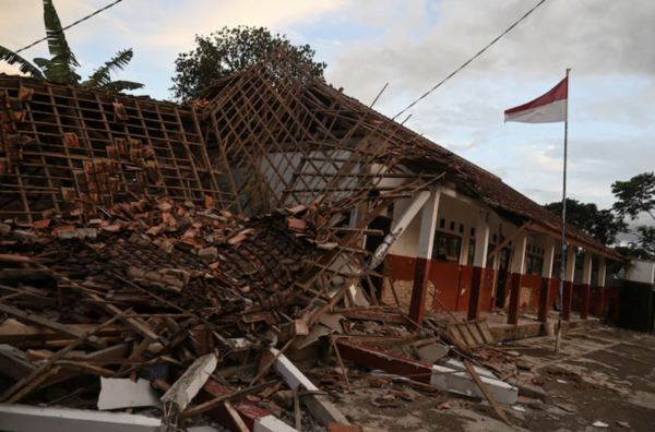 A school building severely damaged by the earthquake in Cianjur, West Java.