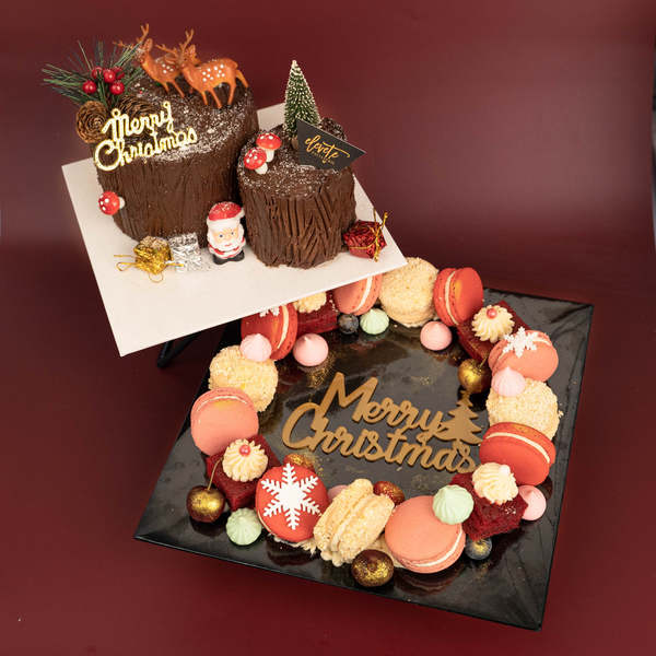 Christmas Log Cake and Macaron Wreath (sold separately or together as the Holly Jolly Gift Set).