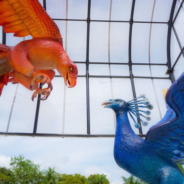 The 'garuda' (an eagle) and the 'jentayu' (a water-element bird resembling a peacock) animatronics.