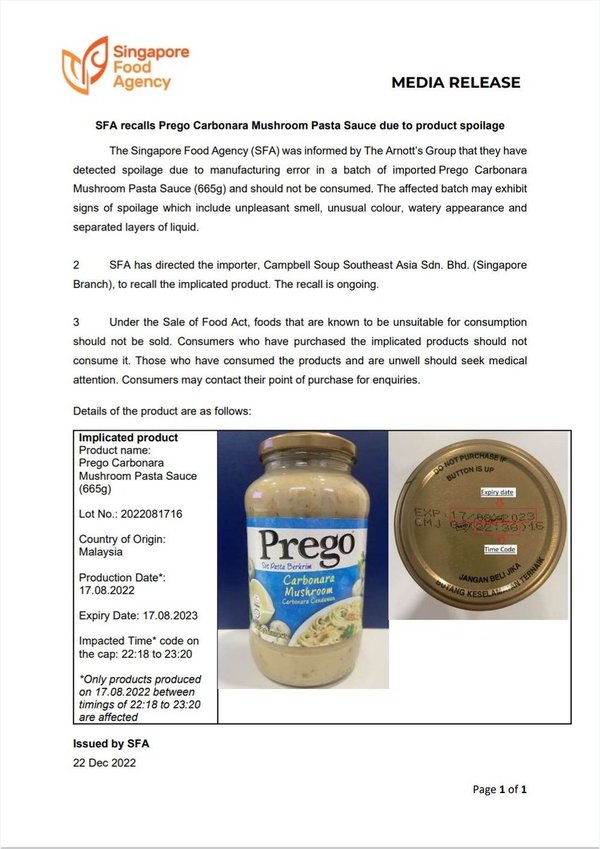 Some bottles of Prego pasta sauce recalled due to manufacturing error: SFA