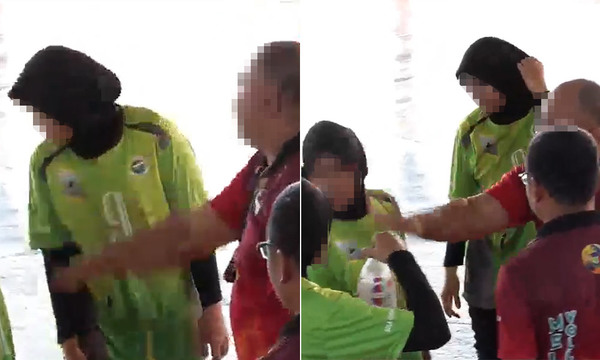 A collage of two screenshots from the clips showing the coach slapping the two players. The faces of the players along with the coach have been blurred to protect their privacy.