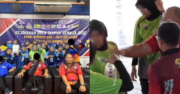 A collage of two images. The image on the right shows blurred faces of the Melaka female volleyball team posing for a photograph with their coach, while the image on the left is a screenshot from the video, showing the coach slapping the players.