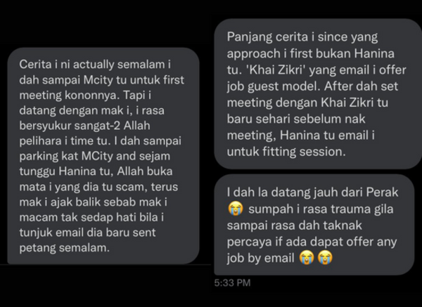 The woman's message to Seri, recounting her experience with Hanina.