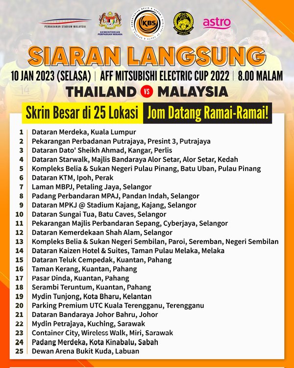 The full lineup of locations that will be airing tonight's Malaysia vs Thailand AFF Championship match.