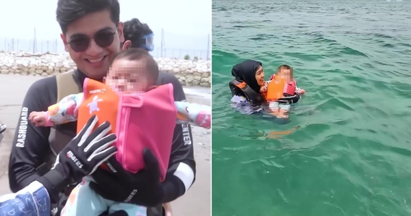 Moana wearing a life jacket before the jet ski ride and while swimming in the sea.