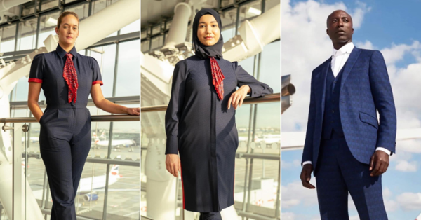 The jumpsuit option (left), the hijab and tunic option (middle), and the men's three-piece suit, modelled by Boateng himself (right).