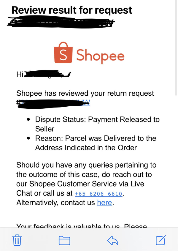 A response by Shopee on the refund request by Yu.