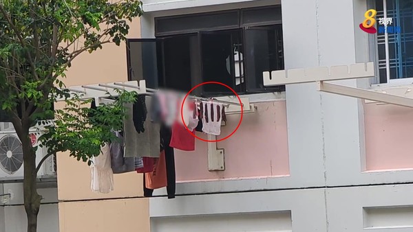 The pieces of pork hanging on a pole outside the tenant's flat.