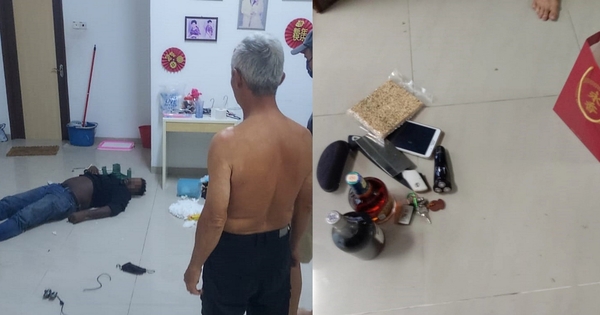 The suspect (left picture) passed out on the house owner's living room floor and the items (right picture) in the paper bag next to the suspect.