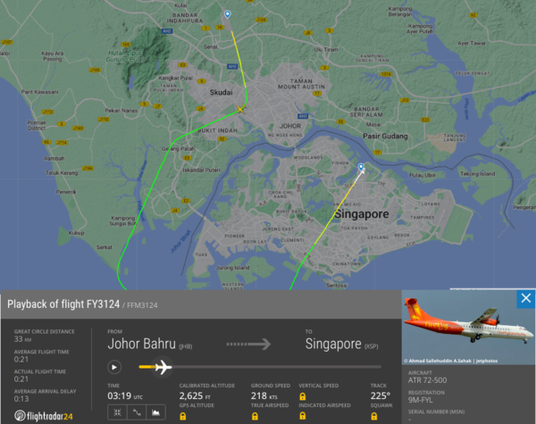 Screenshot of the Firefly plane's route after it departed from Johor for Singapore.