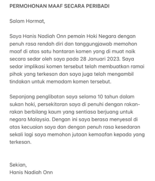 Screenshot of Hanis' statement of apology.