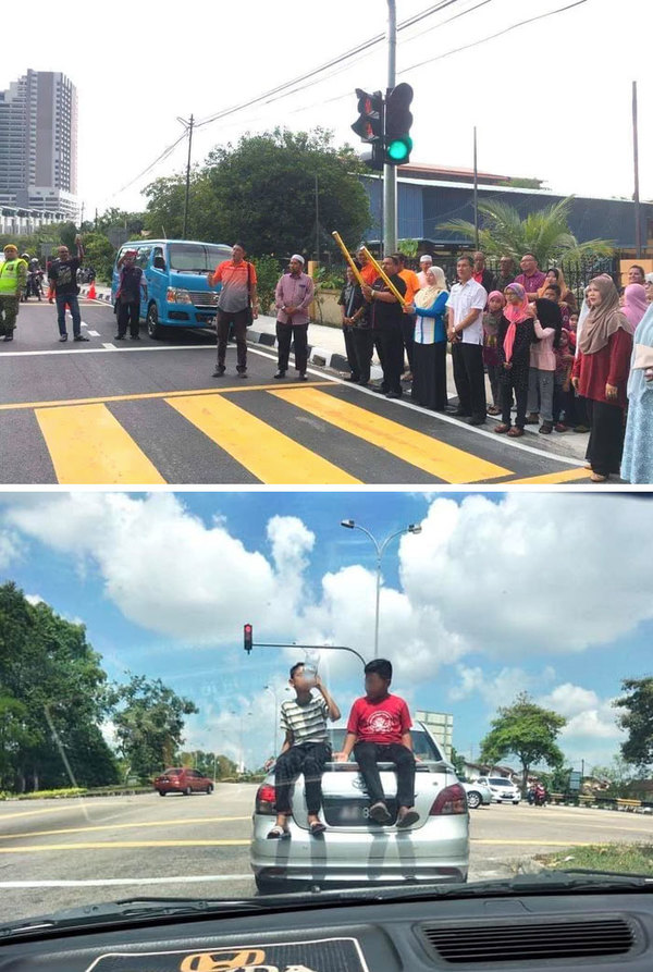 A Malaysian politician officiating a traffic light in front of SK Teluk Kumbar, Penang (top); two boys sitting on top of the back of a vehicle in Johor.