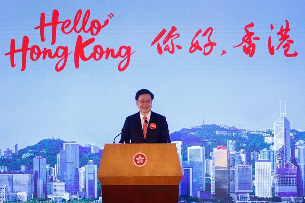 Hong Kong chief executive John Lee Ka-chiu speaking at the "Hello Hong Kong" launch ceremony.