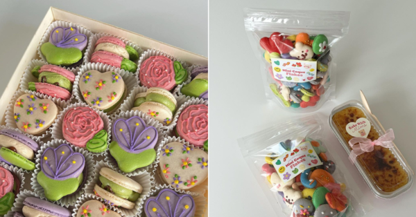 A box of custom-designed macarons (left) and the coque flakes and crème brulee