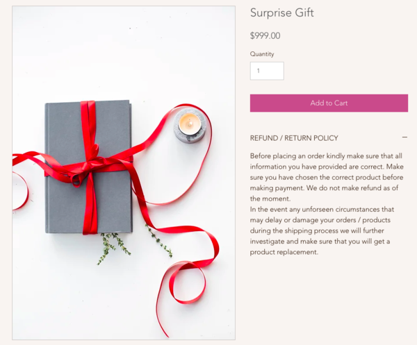 Product page for Cheng's 'Surprise Gift' item, along with its respective price.