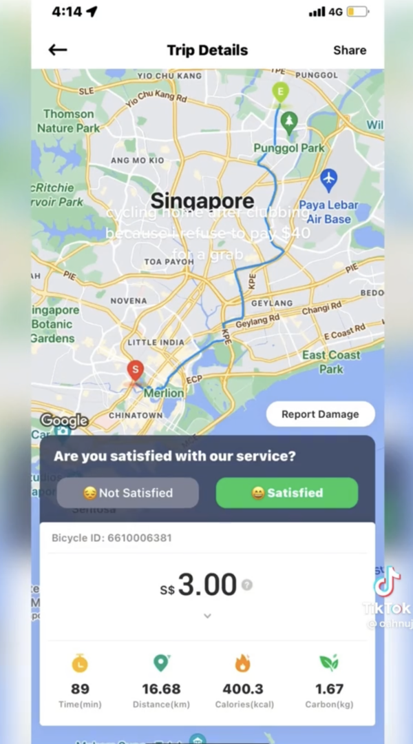Jun Hao's screenshot of the details relating to his bicycle ride.