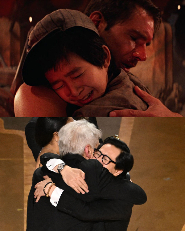 Quan hugging co-actor Harrison Ford as a child and now.