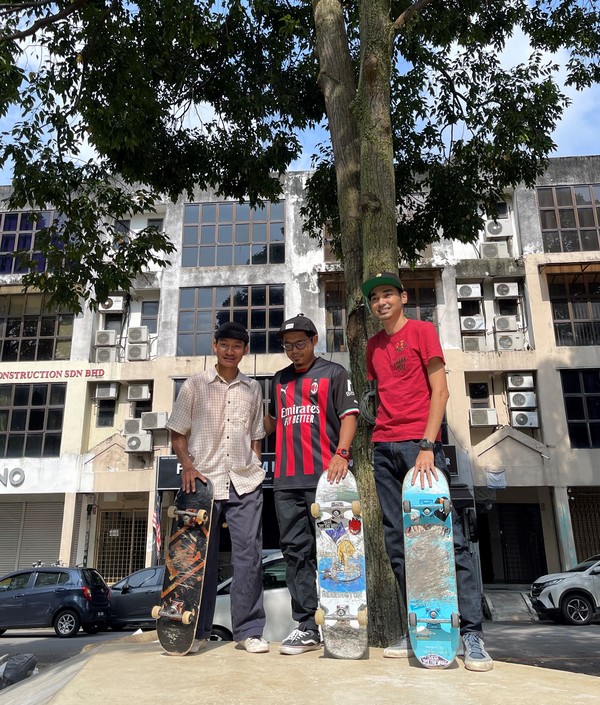 From left to right: Local skateboarders Harris, Fahmi, and Aizat at the Gombak skate park.