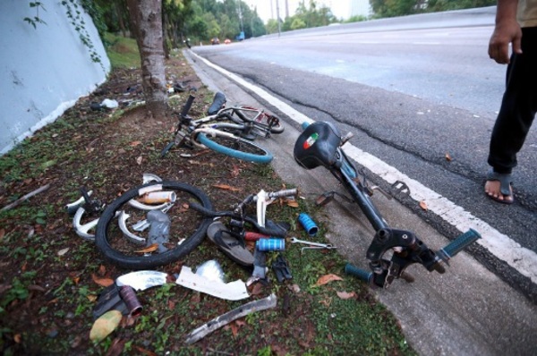 Remnants of the damaged bicycles involved in the accident.