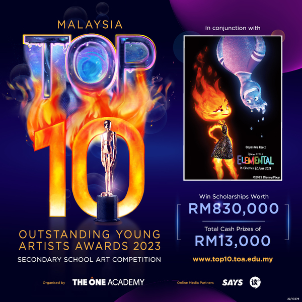 The official poster for 'Malaysia Top 10 Outstanding Young Artist Awards' 2023.