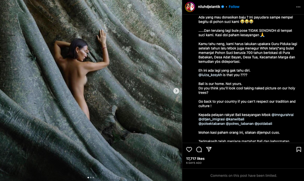 Screenshot of Niluh Djelantik's Instagram post, calling out the Russian woman.