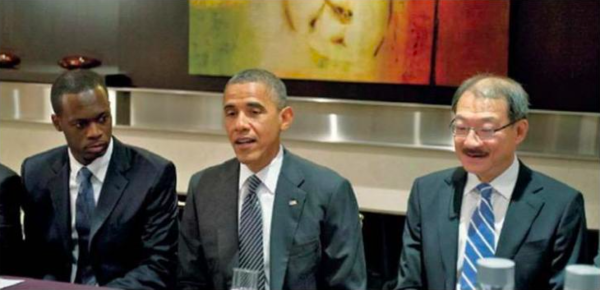 (From left) Michel, Obama, and Low's father, Larry Lau Hock Peng.