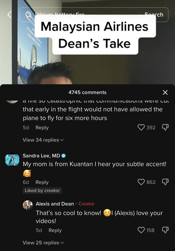 Screen grab from the comments section of Alexis and Dean's TikTok.