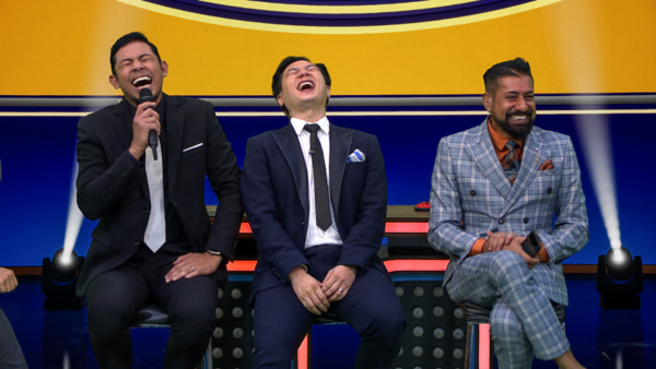 The lineup of hosts for all three language versions of 'Family Feud Malaysia', (from left to right) Nabil Ahmad, Douglas Lim, and Ram.